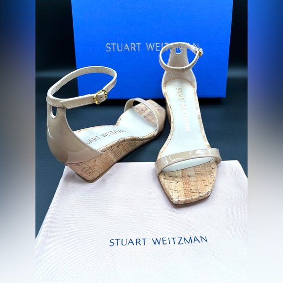 STUART WEITZMAN Nudistcurve 50 Nude Patent Leather Wedge Sandals Shoes US 8 $395 - Picture 3 of 11